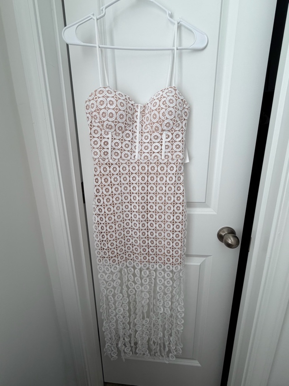 Lovely Day White and Tan Lace Fringe Asymmetrical Dress